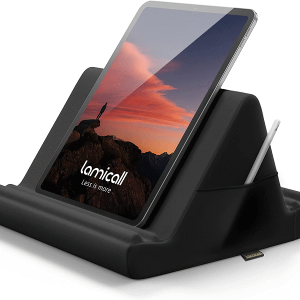 Tablet Pillow Holder Stand - Tablet Pillow Soft Pad Dock for Lap, Bed and Desk with Pocket & 4 Viewing Angles, for Ipad Pro 13, 11, 12.9, Air, Mini, Kindle, Iphone, 4-13" Devices, Black
