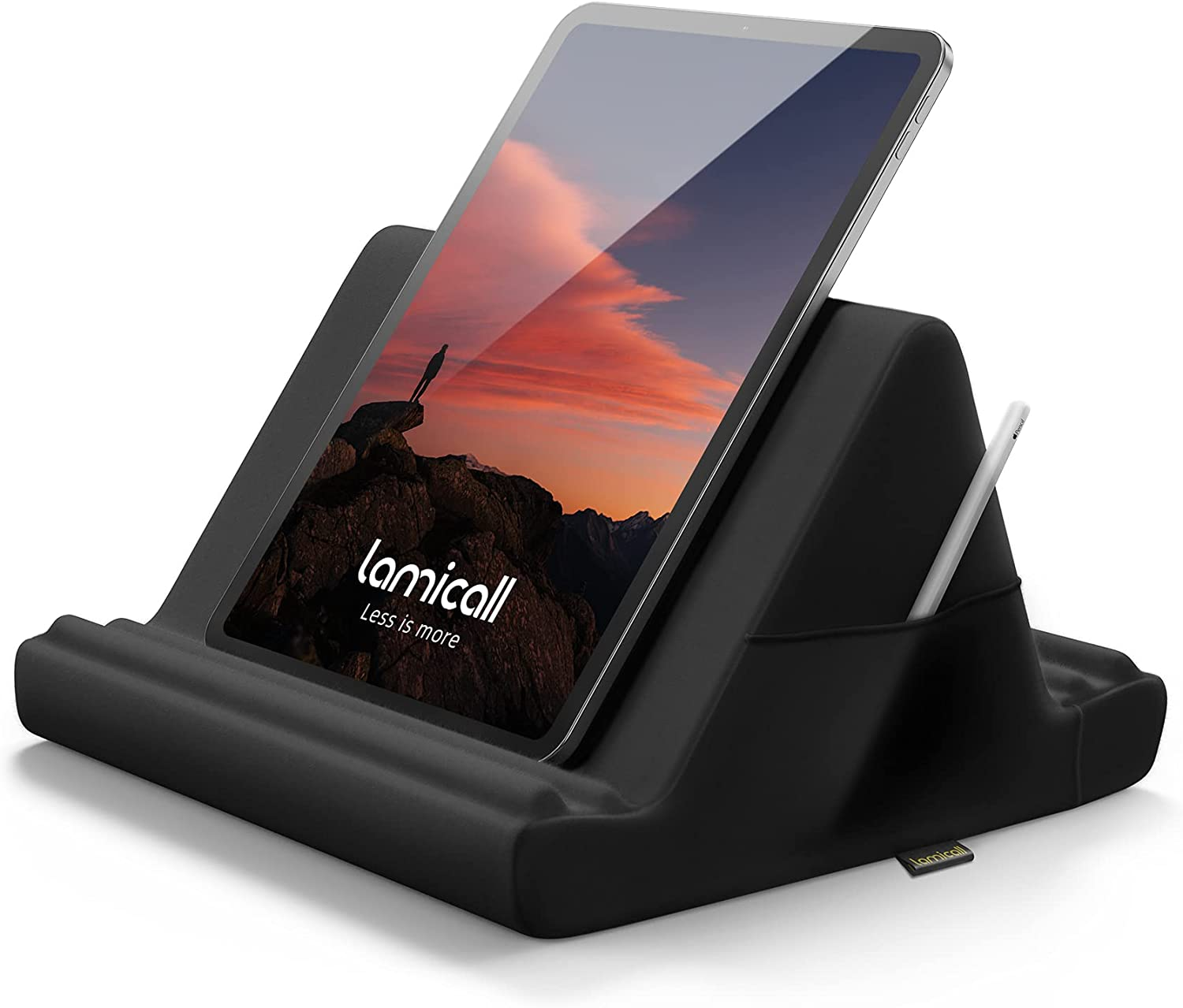 40118964d59822bbc05da25546324720.png Tablet Pillow Holder Stand - Tablet Pillow Soft Pad Dock for Lap, Bed and Desk with Pocket & 4 Viewing Angles, for Ipad Pro 13, 11, 12.9, Air, Mini, Kindle, Iphone, 4-13" Devices, Black - Image 1
