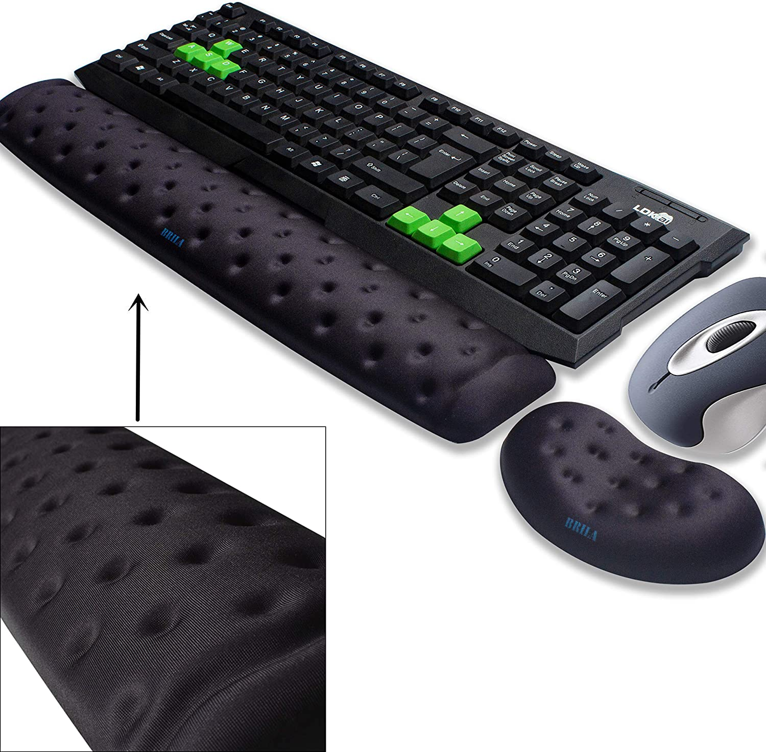 5d80817a34673a265807325ee20554a4.png Memory Foam Mouse & Keyboard Wrist Rest Support Pad Cushion Set for Computer, Laptop, Office Work, PC Gaming - Massage Holes Design - Easy Typing Wrist Pain Relief (Black) - Image 1
