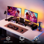 Dual Monitor Stand – 3 Shelf Computer Monitor Riser, Wood Desktop Stand with Adjustable Length and Angle, Desk Accessories, Office Supplies Medium Black,Dt108001Wb - Image 2