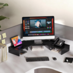 Dual Monitor Stand – 3 Shelf Computer Monitor Riser, Wood Desktop Stand with Adjustable Length and Angle, Desk Accessories, Office Supplies Medium Black,Dt108001Wb - Image 3